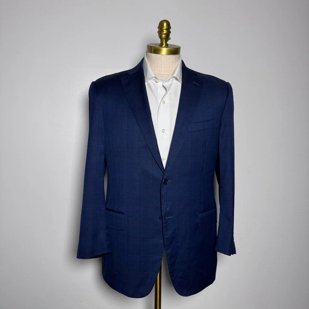 Canali Blazer Mens 42R Blue Plaid Wool Two Button Notch Lapel Made in Italy